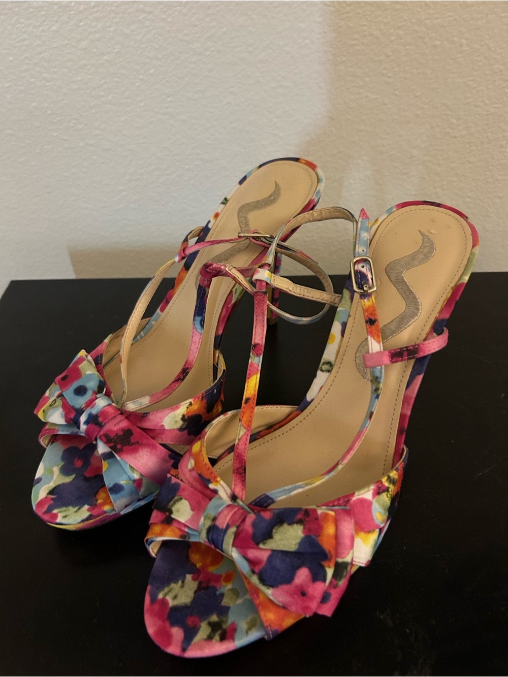 Nina Multicolor Floral Bow Heeled Sandals - Pink, Blue, Yellow